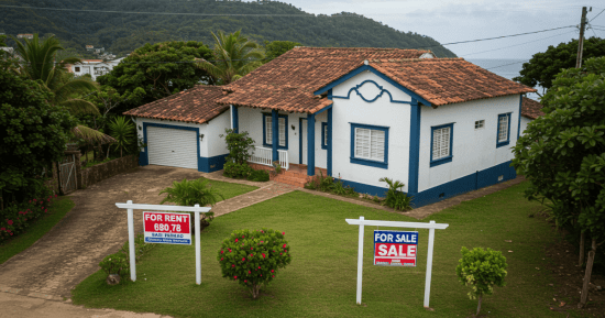Alugar ou comprar imóvel em Búzios. Vista de uma casa em Búzios com placa de aluguel e venda, simbolizando as duas opções do mercado imobiliário