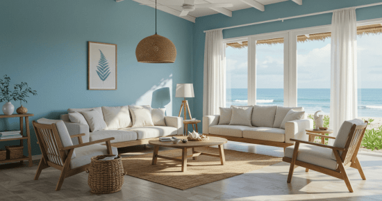 Casa de veraneio em Búzios. Sala de casa de praia decorada com móveis simples, cores claras e objetos naturais em Búzios.