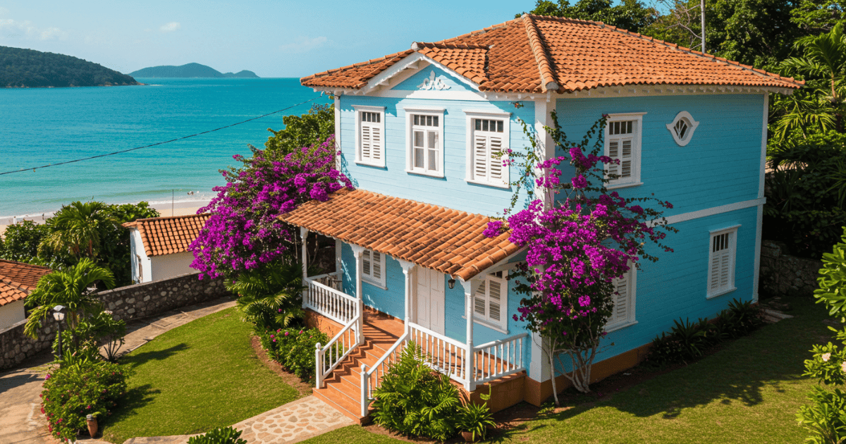 Casas de praia em Búzios. Fachada de casa de praia bem conservada em Búzios, com detalhes em alumínio e pintura nova.