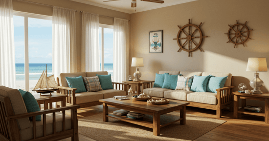 Decoração praiana em Búzios. Sala de estar com decoração praiana em tons claros, objetos náuticos e móveis de madeira em Búzios.