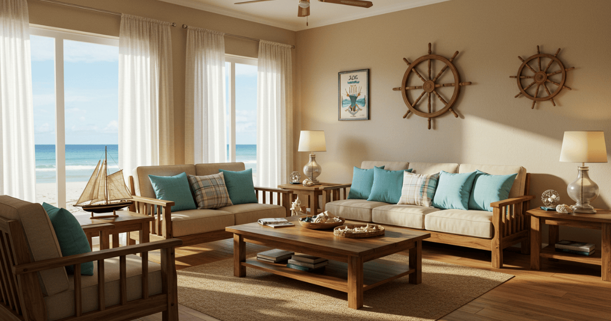 Decoração praiana em Búzios. Sala de estar com decoração praiana em tons claros, objetos náuticos e móveis de madeira em Búzios.