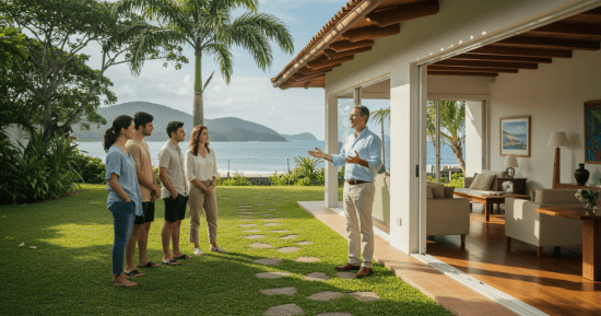 Comprar imóvel em Búzios. Corretora mostrando uma casa à venda em Búzios para clientes interessados.