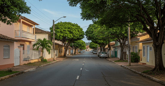 Os 5 melhores bairros de Búzios. Vista de rua arborizada e tranquila com casas residenciais em um dos 5 melhores bairros para morar em Búzios.