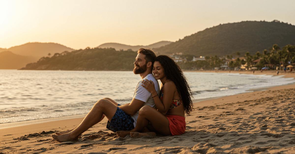 Morar em Búzios. Família apreciando o pôr do sol em uma praia tranquila de Búzios, representando qualidade de vida